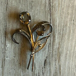 Vintage Sorrento Sterling Gold Wash Floral Filagree Pin Smokey Topaz Stones